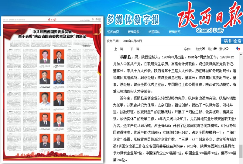 杨照乾荣获“陕西省国资委优秀企业家”称号